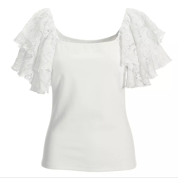 BOSTON PROPER Square Neck Crochet Ruffle Sleeve Stretch Blouse Large Off-White - Picture 16 of 16